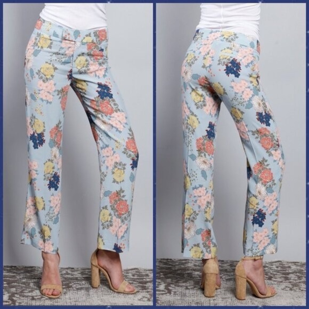 Smythe Flood Pant Baby Blue Floral Cropped Straight Leg Viscose Trousers Size 00